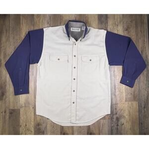 Vintage Bugle Boy Shirt Boxy Medium Cream Blue Sleeves Button Down Chambray .